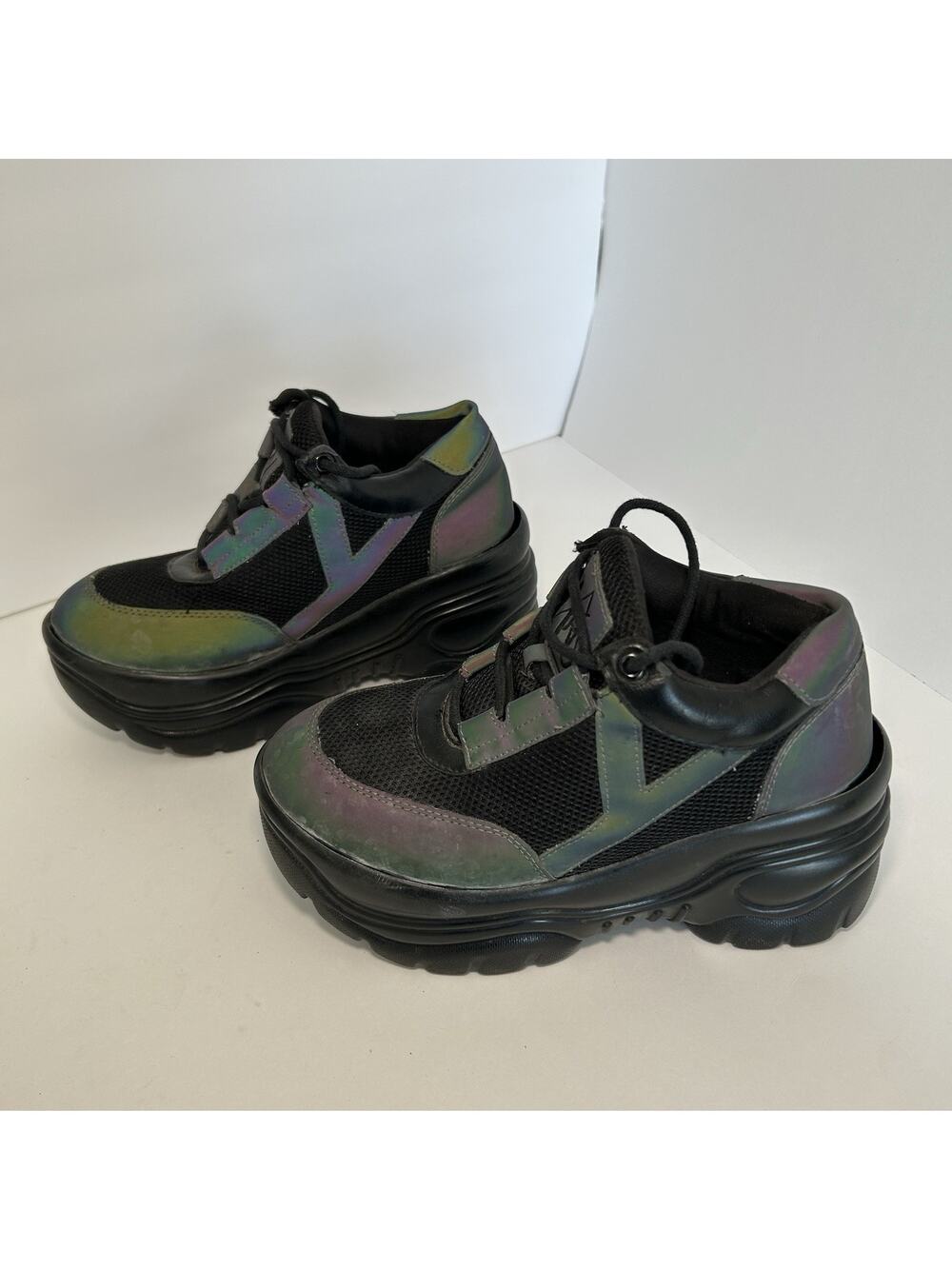 YRU Matrixx Black Atlantis Hologram Goth Punk Raver Platforms Sneakers Sz 7